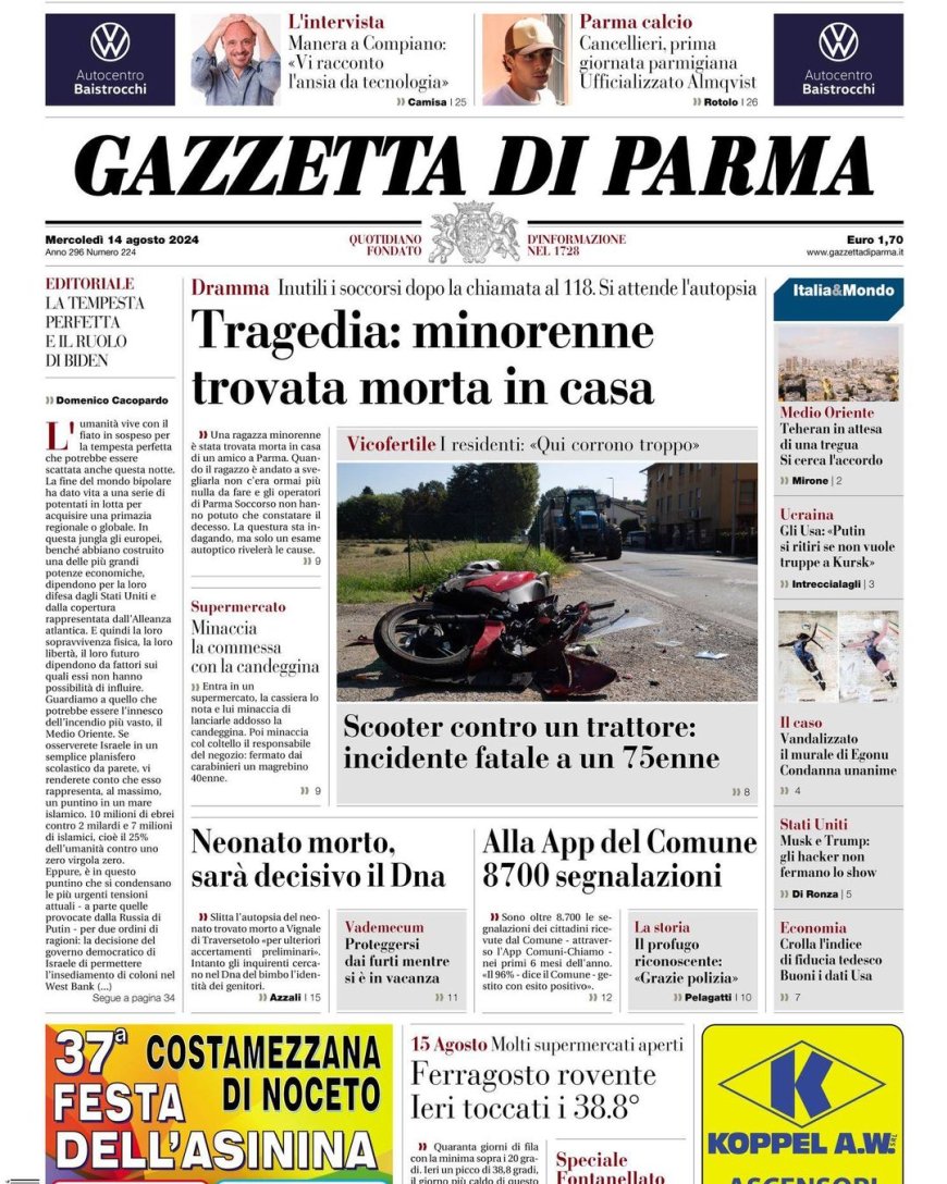 Frontseite der heutigen Gazette: La prima pagina della Gazzetta di oggi auf Deutsch!