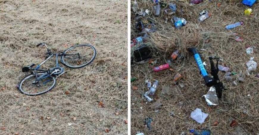 Déchets et détritus divers apparaissent dans le lit de la rivière, même une bicyclette – Photo