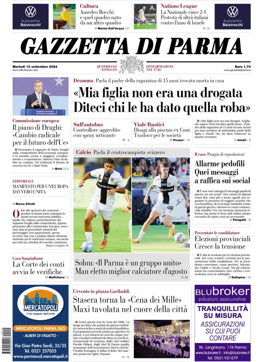 Frontseite der heutigen Gazette: La prima pagina della Gazzetta di oggi